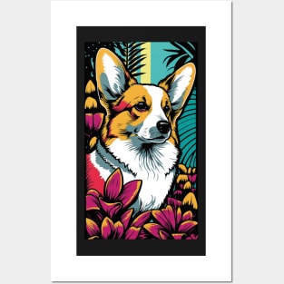 Corgi Dog Vibrant Tropical Flower Tall Retro Vintage Digital Pop Art Portrait Posters and Art